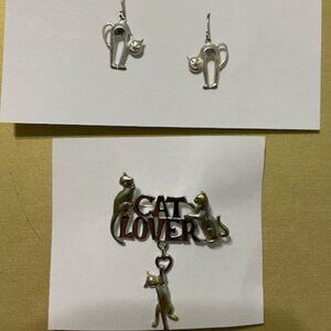 Cat pin and earrings-silver metal